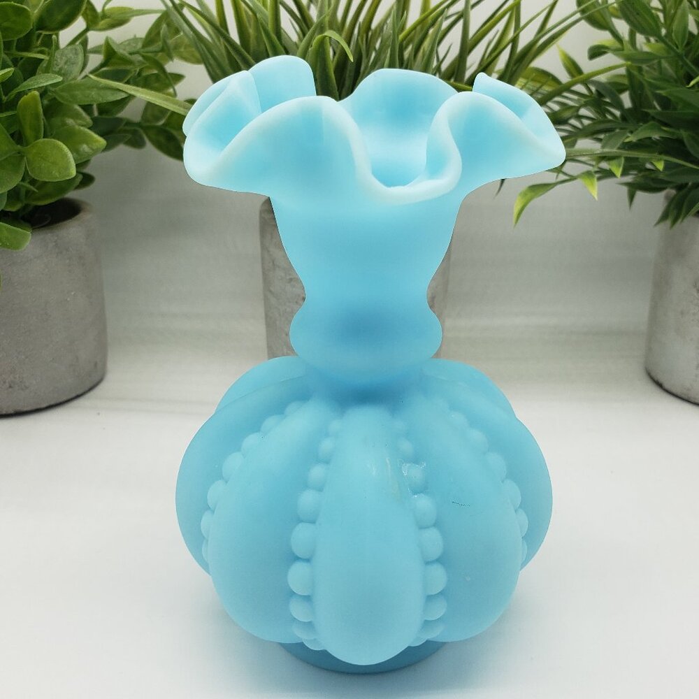 Fenton Light Blue Satin Beaded Art Glass Melon Vase with Ruffled Top